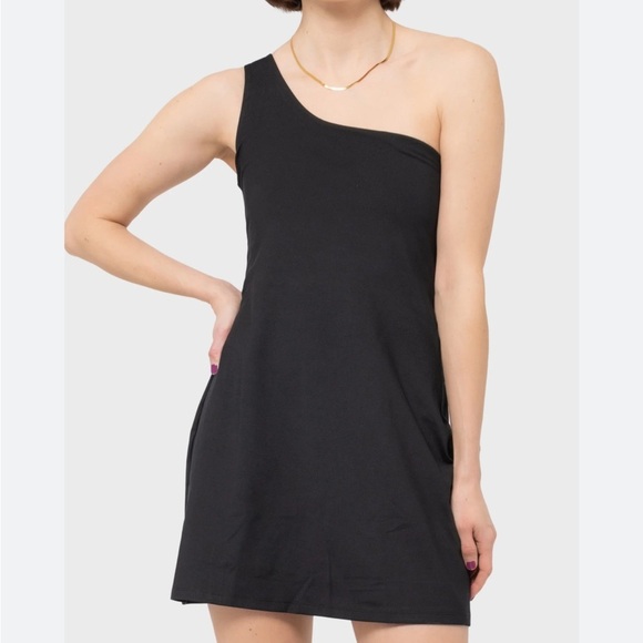 Girlfriend Collective Bianca Black Activewear One Shoulder Unitard Dress NWOT - Picture 1 of 12